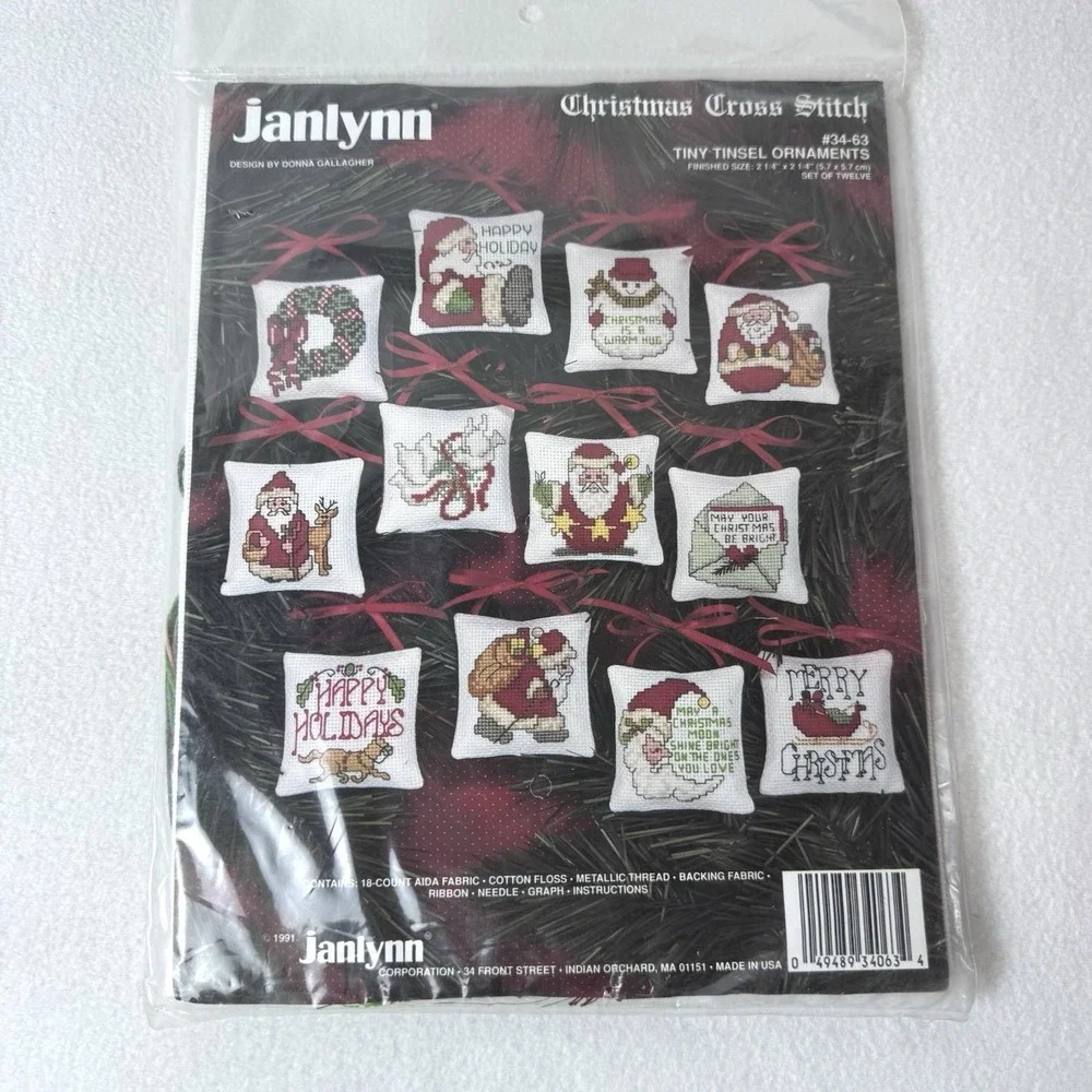 New Janlynn Tiny Tinsel Christmas Ornaments Cross Stitch Kit Set 1991 #34-63
